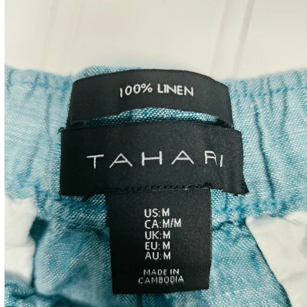 Tahari Shorts 100% Linen Elastic Waist Drawstring Teal Blue Womens Size Medium